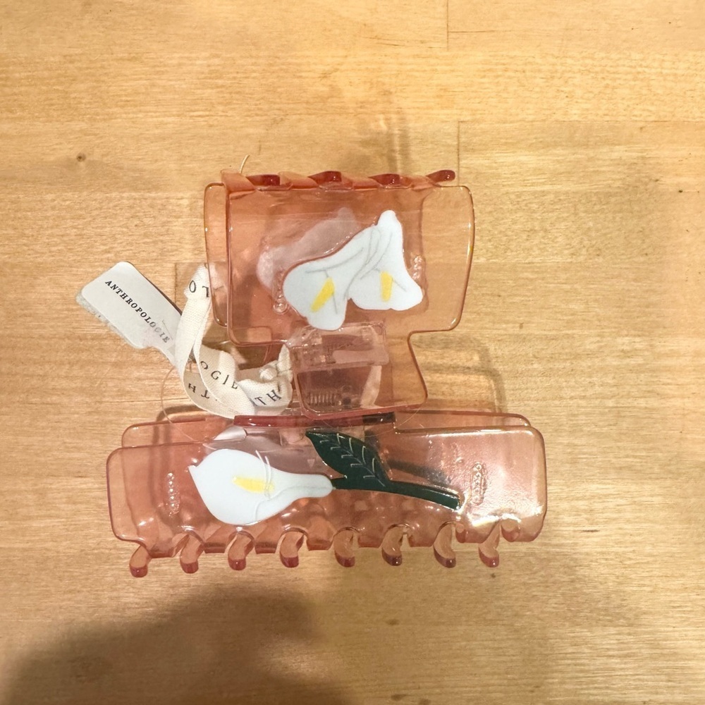 NEW Anthropologie 2 Calla Lillies Floral Hair Clips Pink Green White Translucent - Picture 4 of 4